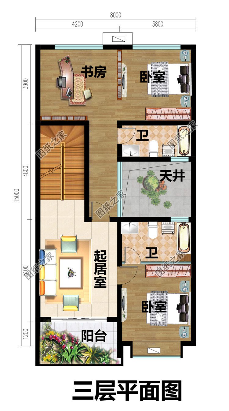 8X15米三层现代风别墅三层平面图