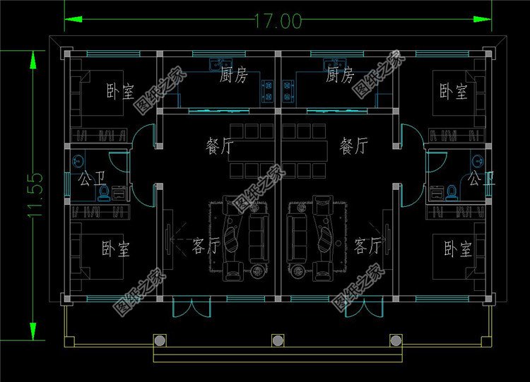 农村兄弟合建一层双拼房平面图