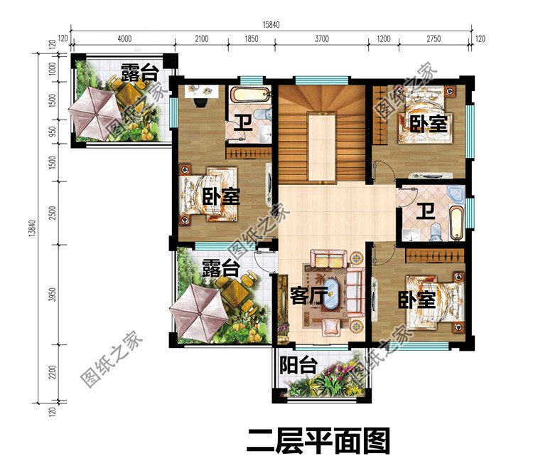 带配房的二层欧式别墅设计图二层平面图