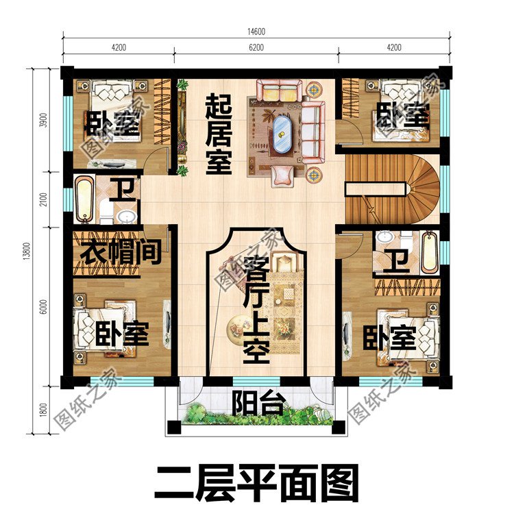 175平对称二层别墅设计图二层平面图