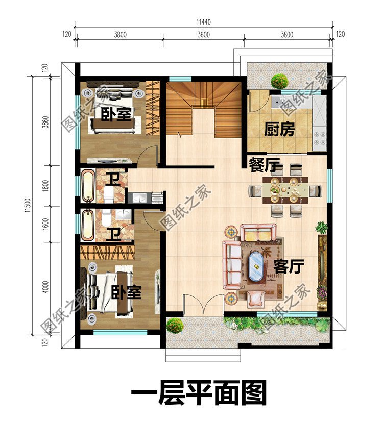 11×11.5米徽派二层农村别墅设计图一层