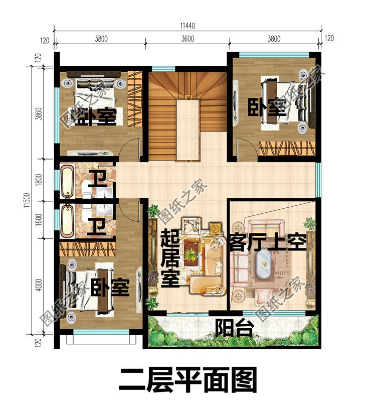 11×11.5米徽派二层农村别墅设计图二层