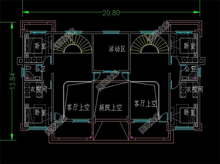 20米×13米三层双拼别墅设计图二层