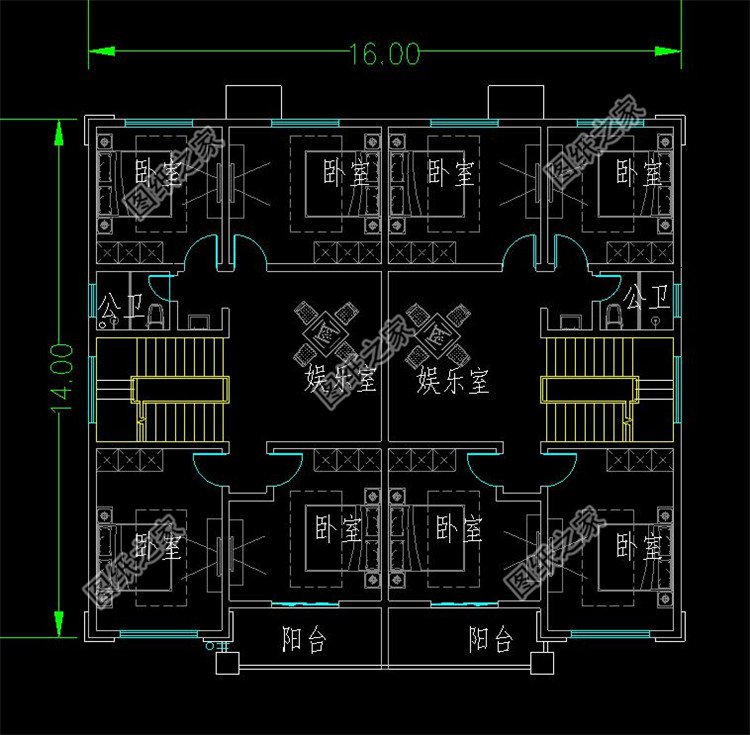 16x14米三层双拼别墅设计图二层