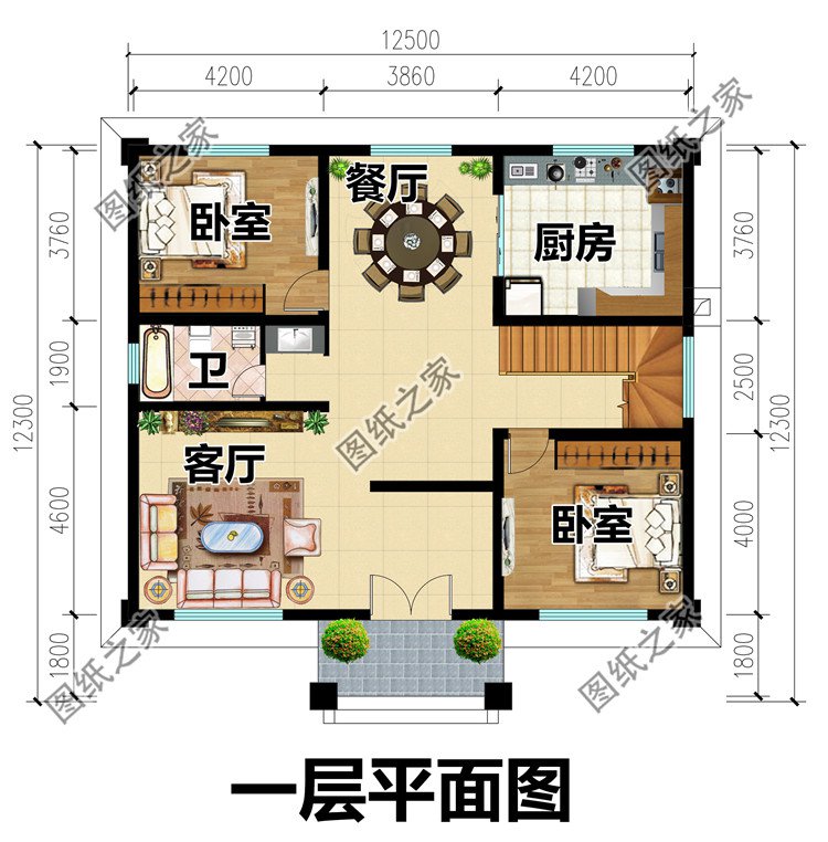 12x12米二层欧式别墅设计图一层